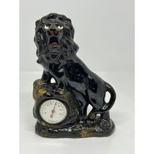 VTG Black Ceramic Lion Figurine With Thermometer Made In Japan MCM Decor Style